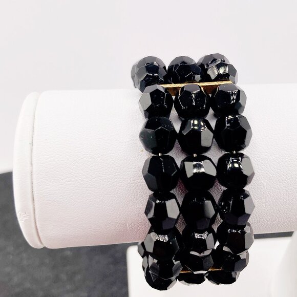 VINTAGE Black plastic beaded memory wire triple layer cuff bracelet 1950s 1960s - Picture 2 of 8
